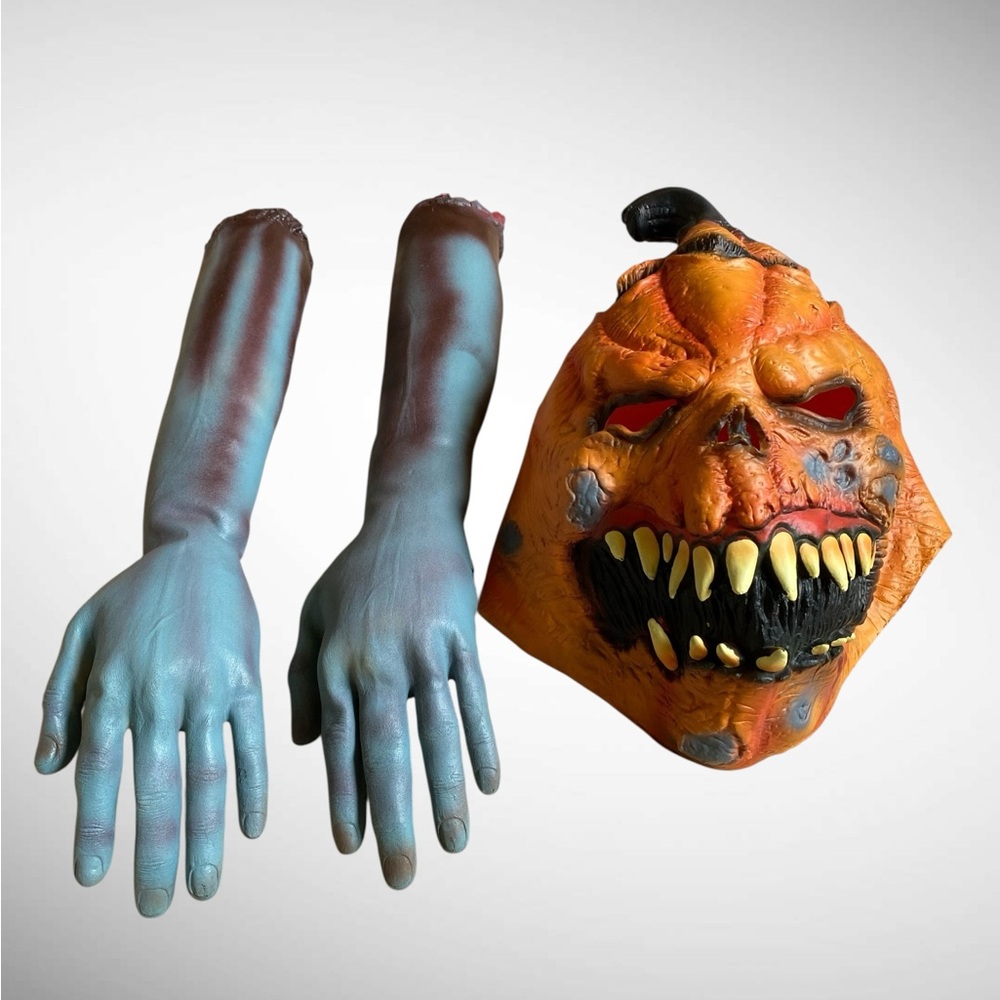 Halloween Scary Pumpking Jack-o-Lantern Mask and Two Severed Arms Creepy Spooky